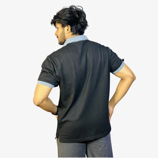 Men's Solid Black Polo T-Shirt with Grey Collar | Premium Cotton Regular Fit